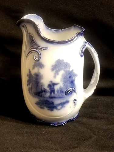 FINE ANTIQUE FANCY DOULTON WATTEAU FLOW BLUE PORCELAIN 7” WATER or MILK PITCHER  - Picture 3 of 7