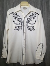 VTG 70s H Bar C California Ranchwear Cream Western Long Tail Polyester Shirt M