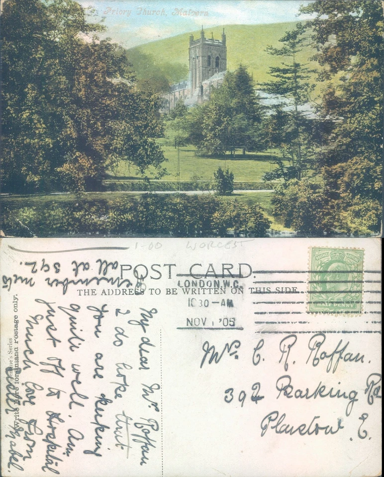 Priory Church in Malvern Worcestershire England Photochrom Co Ltd 1905 postmark - Image 1 of 1