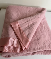 Vtg Acrylic Thermal Blanket Satin Trim PINK FULL Waffle Weave 78x85 Made in USA