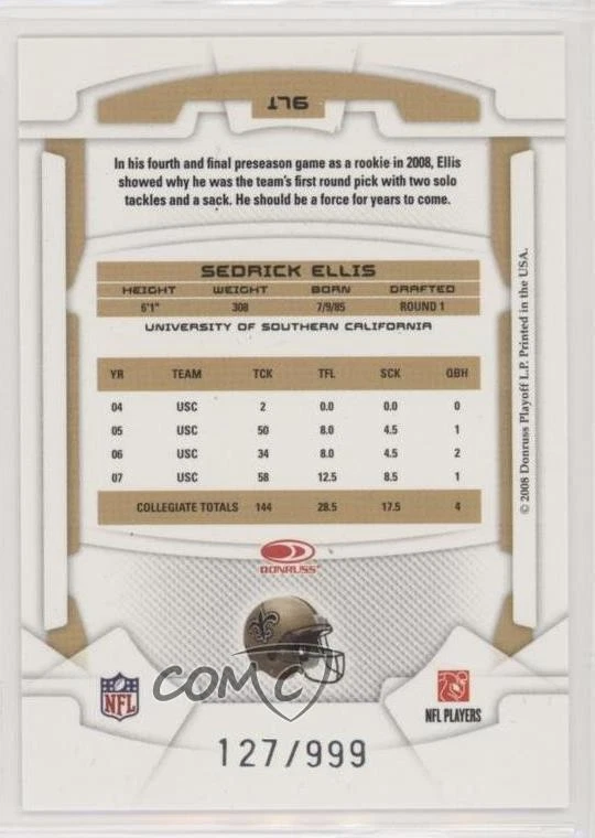 2008 Leaf Rookies & Stars Rookie /999 Sedrick Ellis #176 RC - Image 2 of 2