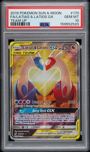2019 POKEMON SUN & MOON TEAM UP #170 FULL ART/LATIAS & LATIOS GX PSA 10