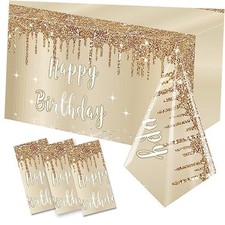 3 Packs Gold Happy Birthday Tablecloths Decorations for Women Girls, White