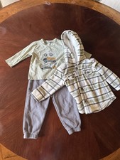 pl baby 3-Piece 12M Green Tee, Gray Pants & Hooded Plaid Fleece Jacket Set