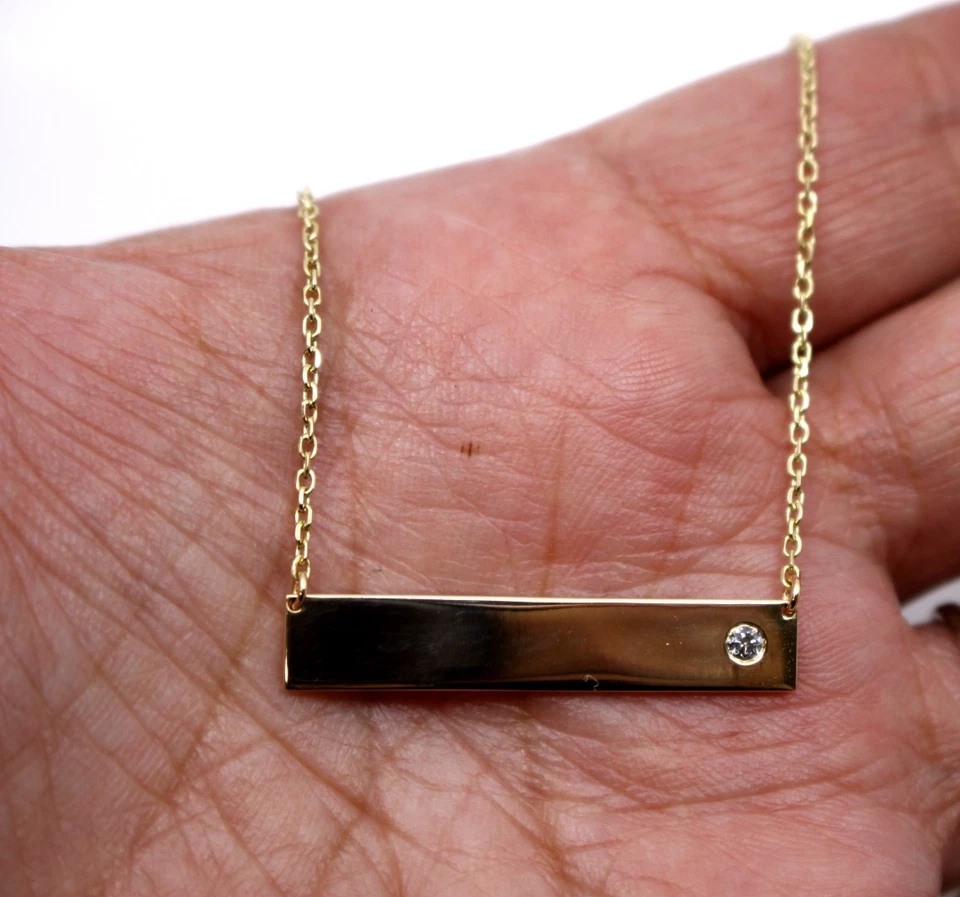 Delicada etiqueta de barra de oro amarillo macizo de 14 K con collar colgante de diamantes de 17,5" pulgadas Foto 4 de 4