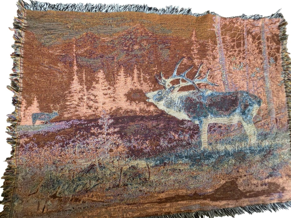 VTG Scott Zoellick Elk Woven Tapestry Throw Blanket 1995 Cabin Lodge Decor 66x50 - Image 3 of 4