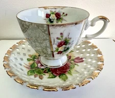 Vintage Footed Teacup & Saucer Set - Pink Rose Floral W Gold Gilding
