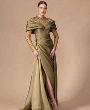 Green Evening Dress Long Sleeve Front Slit Pleated Crystal Train Party Gowns