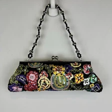 Vtg Embroidered Sequined Beaded Multicolored Floral Purse 10x4”