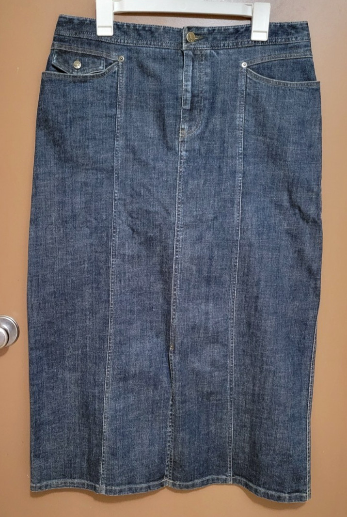 Y2K Eddie Bauer Denim Blue Jean Maxi Skirt Womens 12 P Dark Wash Pockets Boho