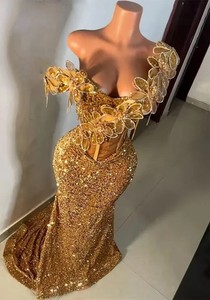 slim fit dress slacks Off Shoulders Tight Fit Gold Sequin Prom Dress main image 1