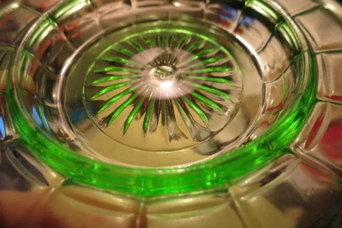 HAZEL ATLAS  Butterdish Bottom w  Uranium Glass Green   Colonial Block  6 3/4"