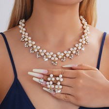 Imitation Pearl  CZ Floral Jewelry Set 2Pcs Necklace Earrings Wedding Bridal