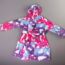 Girls 3T Fleece Hooded Robe Multicolor Unicorn Animal Print Tie Belt