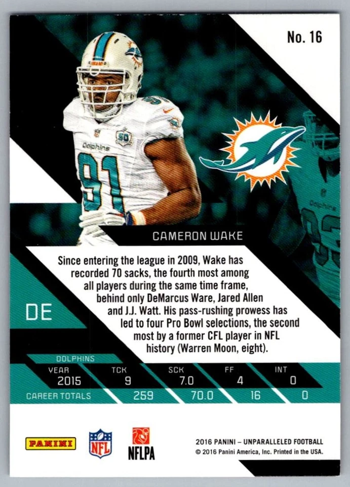 2016 Panini Unparalleled Cameron Wake Miami Dolphins #16 - Image 2 of 2