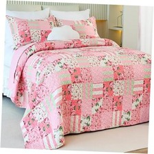 Garden Floral Quilt Set Queen Size,3 Piece Patchwork Queen 92"x96" Pink