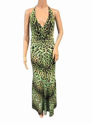 Roberto Cavalli Green Leopard Print Halter Maxi Dress Ruched Bodycon Gown 44