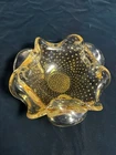 Ruffled Rim Vintage Murano Bullicante Controlled Bubbles Art Bowl Amber Glass 7”