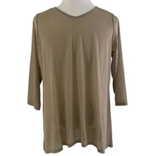 Logo By Lori Goldstein Sheer Mesh Jacquard V-Neck Size 1X Tunic Top Beige 9307
