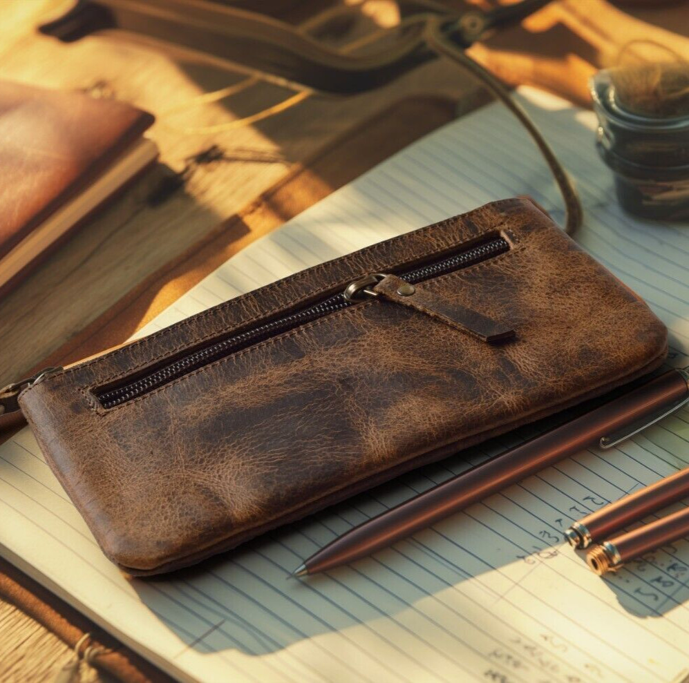 Leather Pencil Pouch Pen Case-Brown Elegant and Practical Zipper Pouch