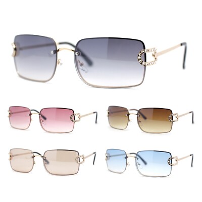 Women Rhinestone Jewel Rimless Rectangle Metal Rim Sunglasses