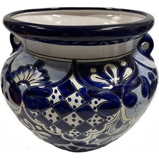 Small-Sized Zacan Mexican Blue and White Talavera Ceramic Garden Pot
