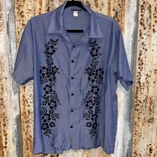 Vintage ODO Men's M Hawaiian Shirt Blue With Black Hibiscus