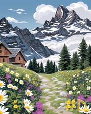 Countryside Landscape Beneath Snowy Mountains Printed Needlepoint Canvas FA75-2