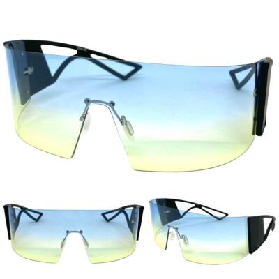 Oversized Modern Retro Wrap Shield SUN GLASSES Huge X-Large Frame Big Blue Lens