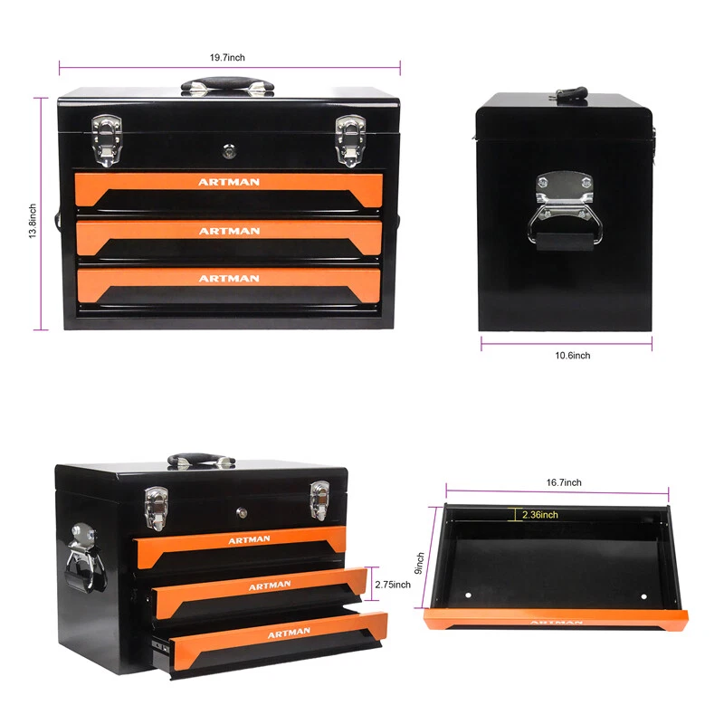3-Drawer Tool Box with Tool Set Lockable Tool Cabinet with Handle Black & Orange - Image 3 of 4