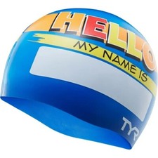 NEW TYR Swimming Silicone Swim Cap JUNIOR My Name Is Blue