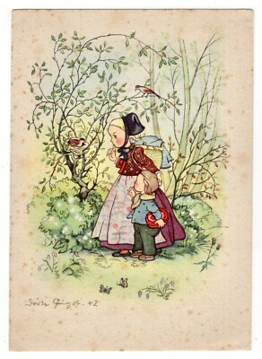 Artist postcard by Dörte Guyot/children watching a bird in the nest, signed, 1942