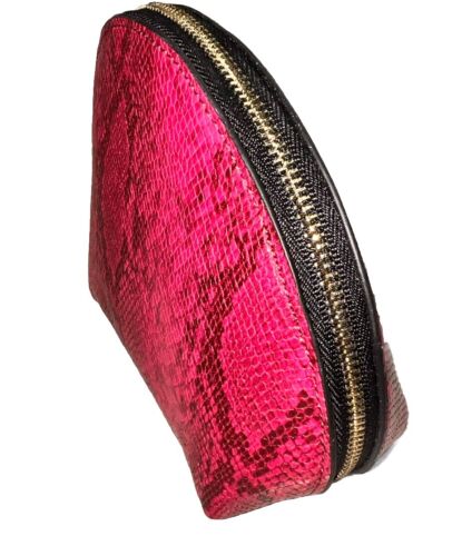 Neiman Marcus Half Dome Zip Cosmetic Bag Pink Leather Snakeskin NEW - Picture 2 of 8