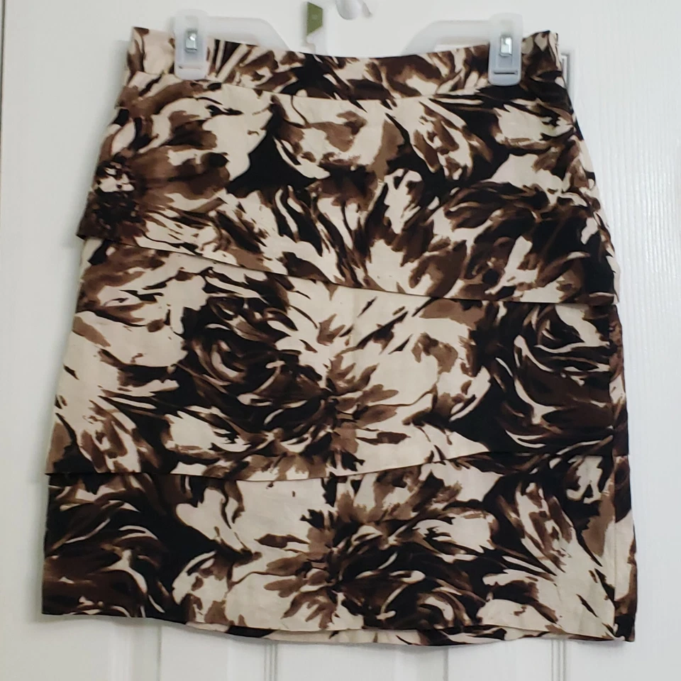 Adrienne Vittadini A Line Short Skirt Linen Brown Floral Layered Side Zip Sz 4 Foto 2 de 4