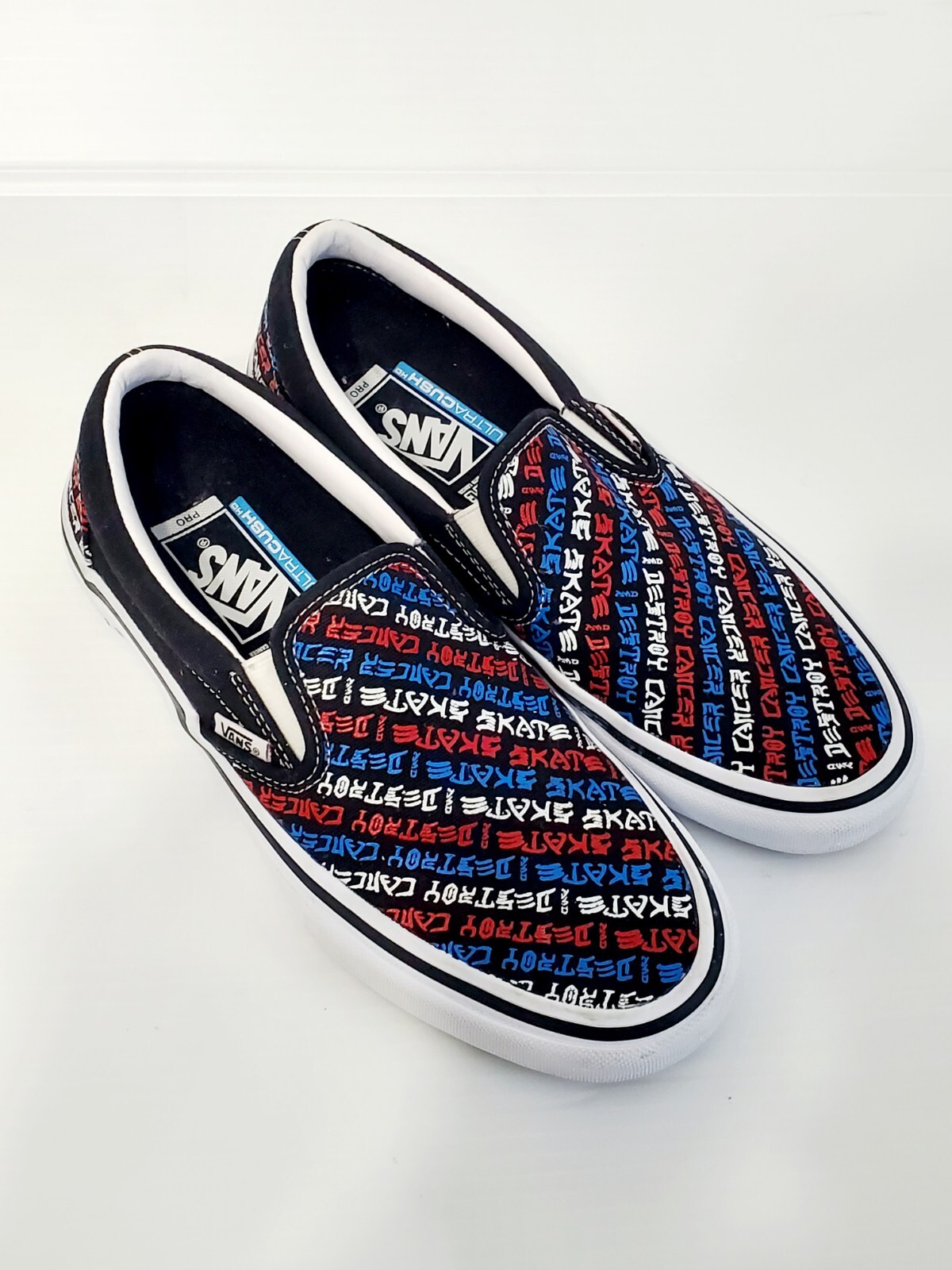 VANS Slip-On Ultra Cush Pro Grind For Life 7.5 Men Low-Top. DESTROY CANCER SKATE