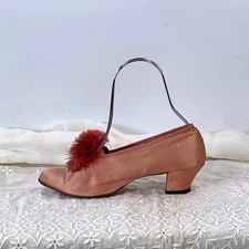 Vintage 20s Pink Satin PomPom Slippers Daniel Green Heeled As-Is