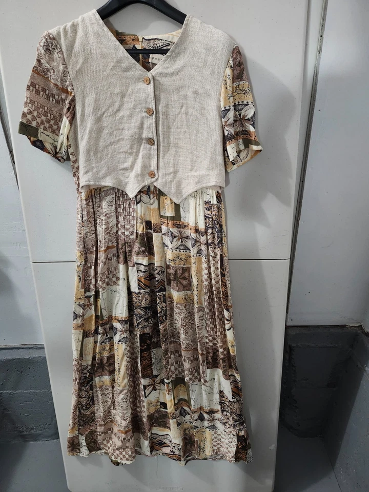 Vestido Apostrophe Mujer M Maxi Acampanado Columpio Abstracto Imitación Chaleco Mezcla Lino De Colección EE. UU. Foto 2 de 4