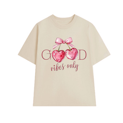 Good Vibes Only Cherry T-Shirt Coquette Heart Cherries Bow Graphic Cream Oversiz