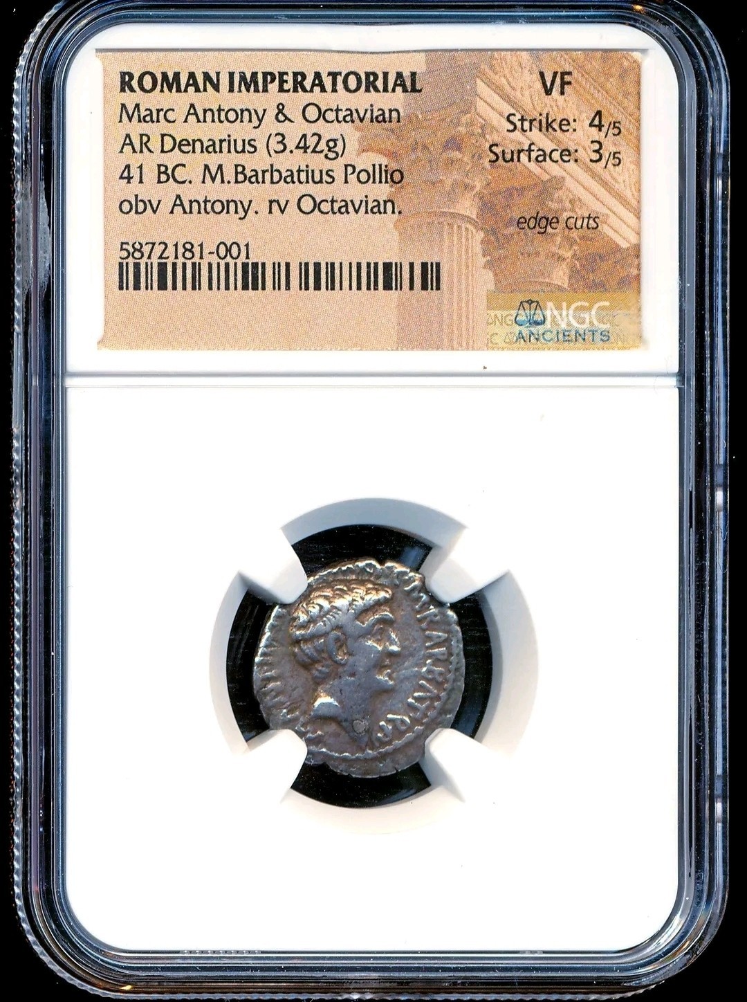 517-2 NGC VF Marc Antony & Octavian 41 BC Roman Imperatorial Silver Denarius