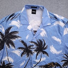 Hugo Boss Hawaiian Shirt Mens Medium Lyocell Beach Aloha Palms Graphic Print