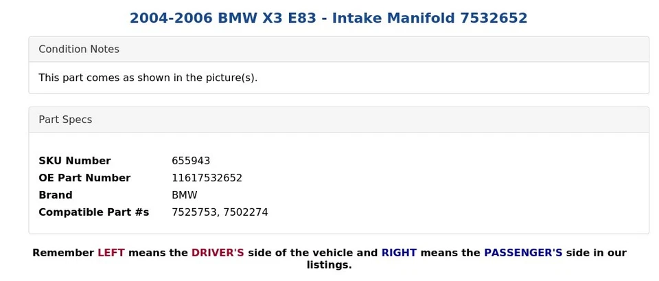 BMW X3 E83 2004-2006 - Colector de admisión 7532652 Foto 4 de 4