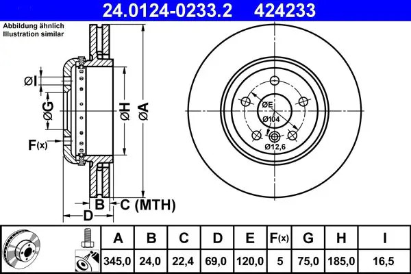 ATE 24.0124-0233.2 Disco freno Assale posteriore, ventilato, rivestito, ad alto tenore di carbonio, con bulloni/viti - Immagine 2
