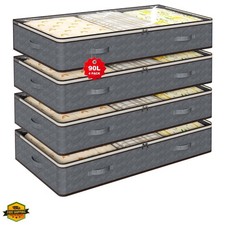 90L Under Bed Storage Bins, 4-Pack Transparent Organizers with Lids, Grey