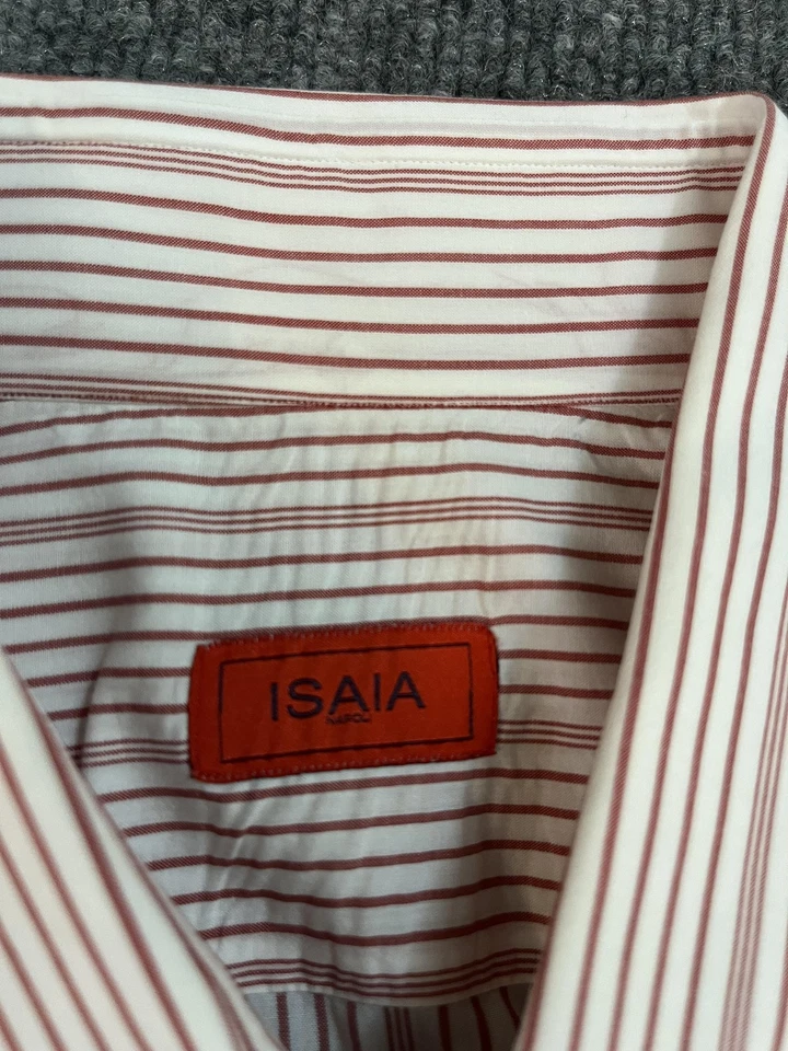 Camisa Isaia Para Hombre XL 43 17 Blanco Rojo Rayas Manga Larga Con Botones Hecha en Italia Foto 3 de 4