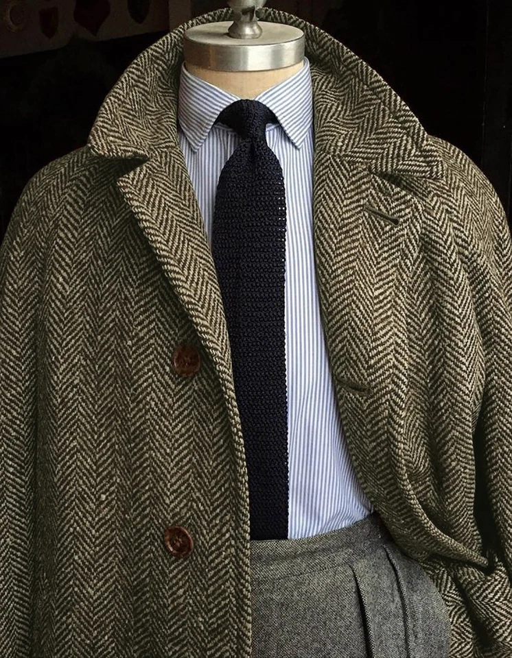 Men Coats with Belt Herringbone Wool Blend Long Overcoats Tweed Business Outwear - Image 3 of 4