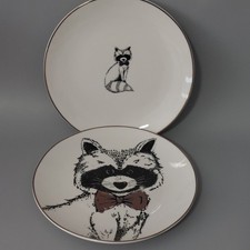 American Atelier RACOON 8” Plates Woodland Porcelain Set of 2 Metallic Rim