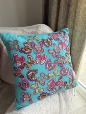 *NEW* DEBENHAMS BRIGHT COLOURED TEAL EMBROIDERED BUTTERFLY CUSHION 43cm x 43cm