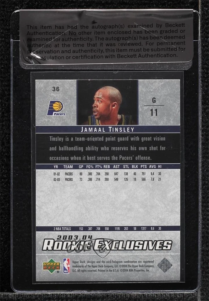 BAS 2003-04 Upper Deck Rookie Exclusives Jamaal Tinsley #36 Seal of Authenticity - Image 2 of 2