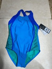 Speedo Girls One-Piece Swimsuit Size 12 Mesh Splice Cyan Blue Thick Strap NWT