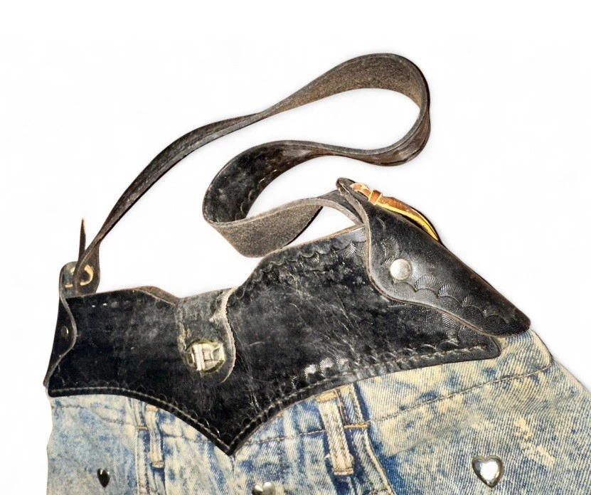 Bolso de hombro vaquero azul lavado ácido tachonado plata cuero hecho a mano vintage años 80 Foto 3 de 4